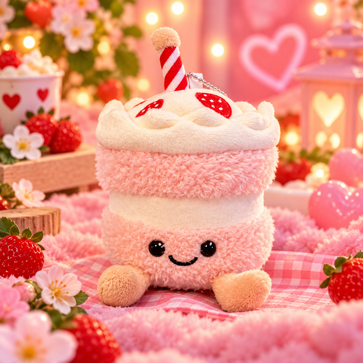 Peluche gâteau anniversaire rose  (porte clés )